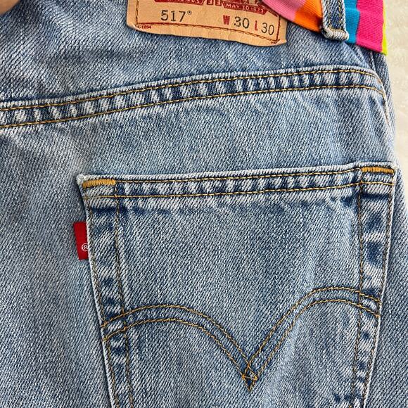 Reworked Levis 517 Jeans Wide Leg Rainbow Hippie Peace Love Womens Sz 30 x 30 - Picture 8 of 15